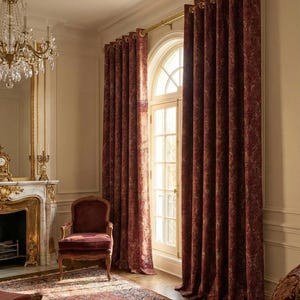 Burgundy Gold Damask Curtain, Luxury Chenille Extra Long Drapes, 4 Color Options