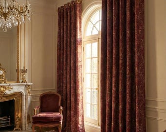 Vinröd guld damastgardin, lyxiga chenille extra långa draperier, 4 färgalternativ
