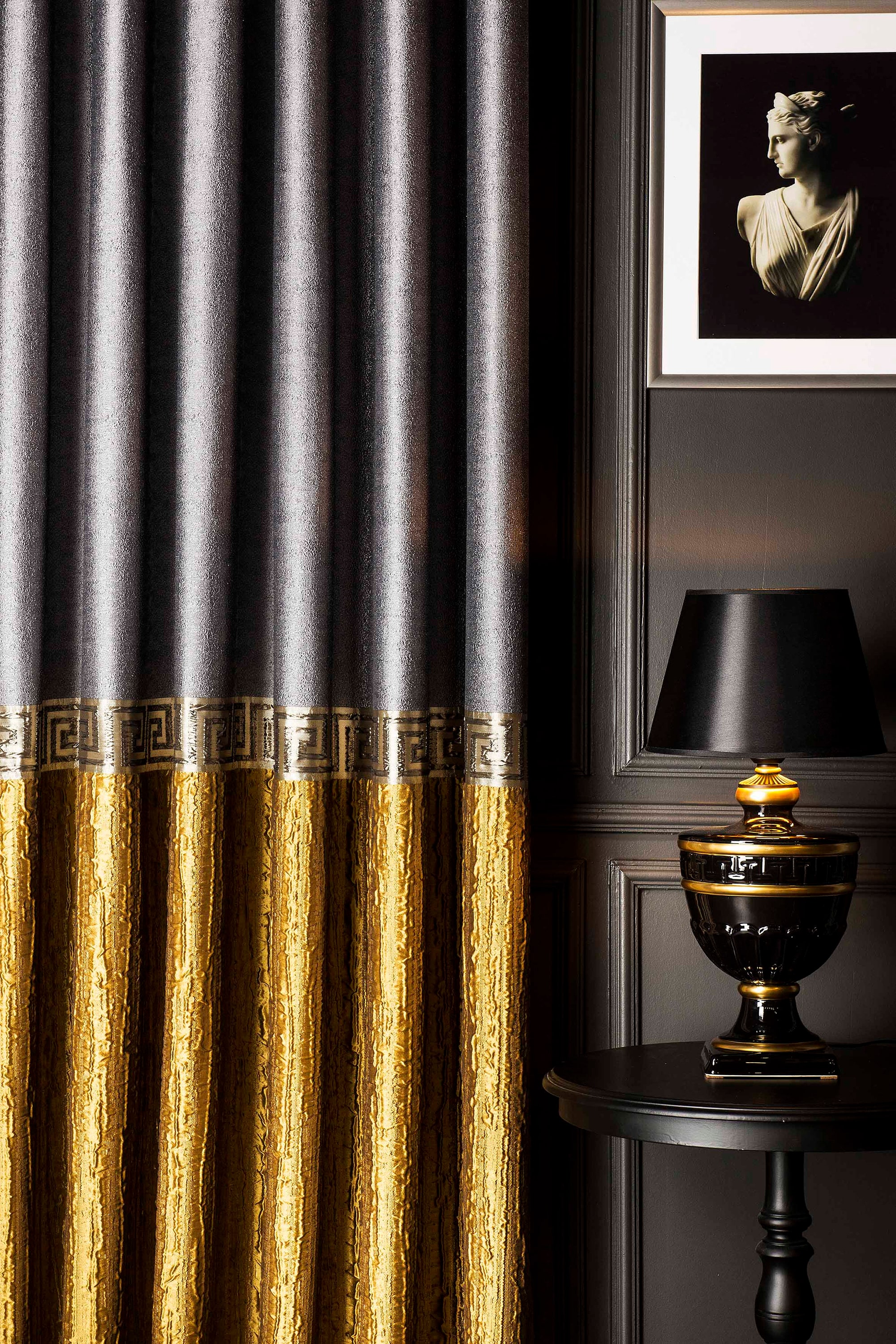 Luxury Gold & Gray Greek Key Curtain Panel: Embossed Custom Size Drape ...