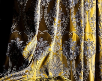 Gold Damask Curtain Panel, Luxury Striped Fabric Drape