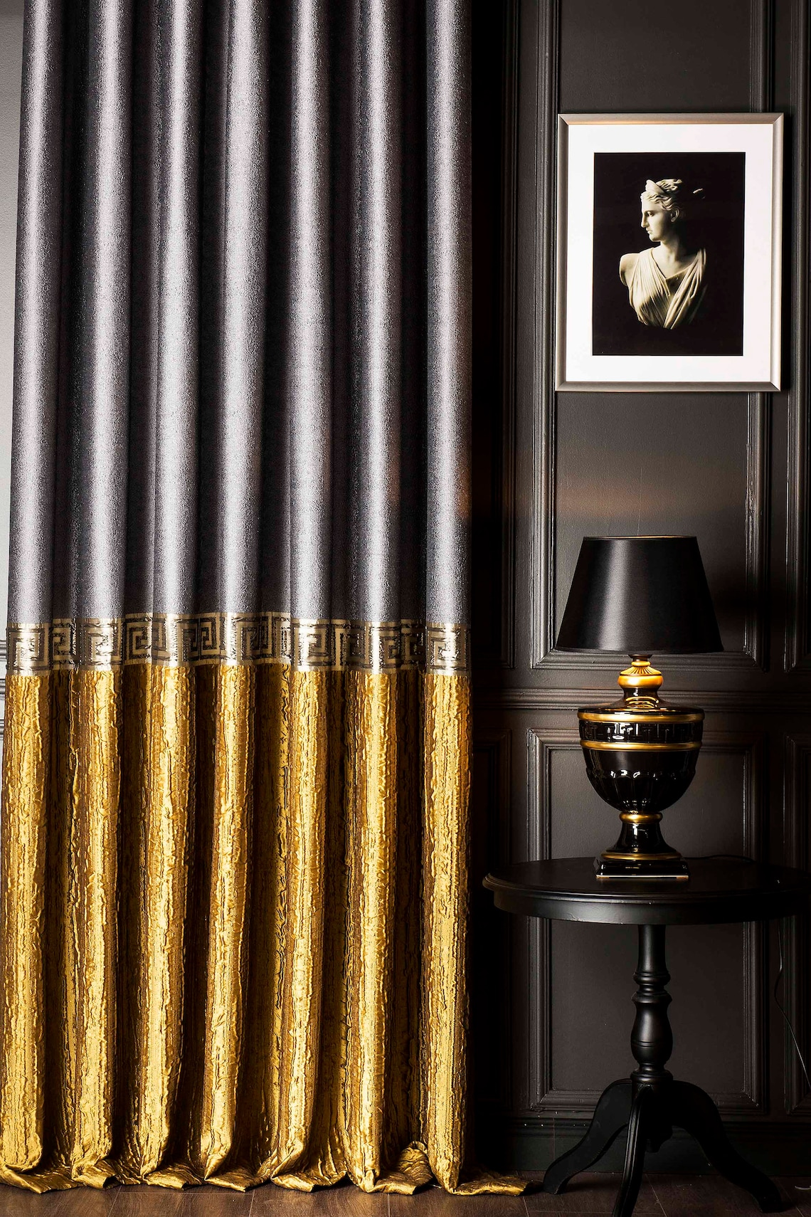 Luxury Gold & Gray Greek Key Curtain Panel: Embossed Custom Size Drape ...