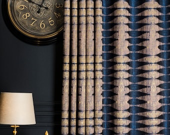 Navy Blue Brown Curtain Panel,Luxury Curtains Bedroom Livingroom Dining room,Patterned Striped Custom Size Drape,Geometric Jacquard Curtain