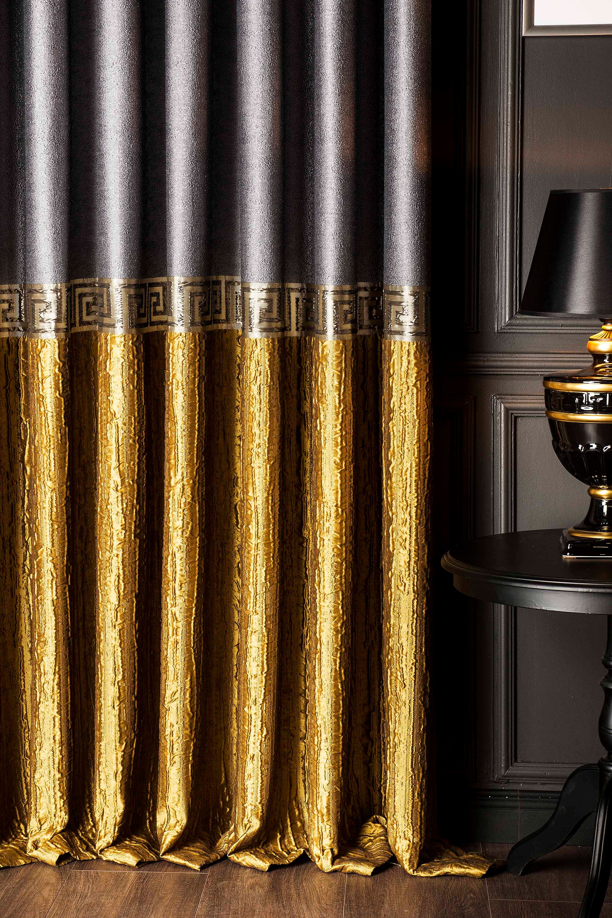Luxury Gold & Gray Greek Key Curtain Panel: Embossed Custom Size Drape ...