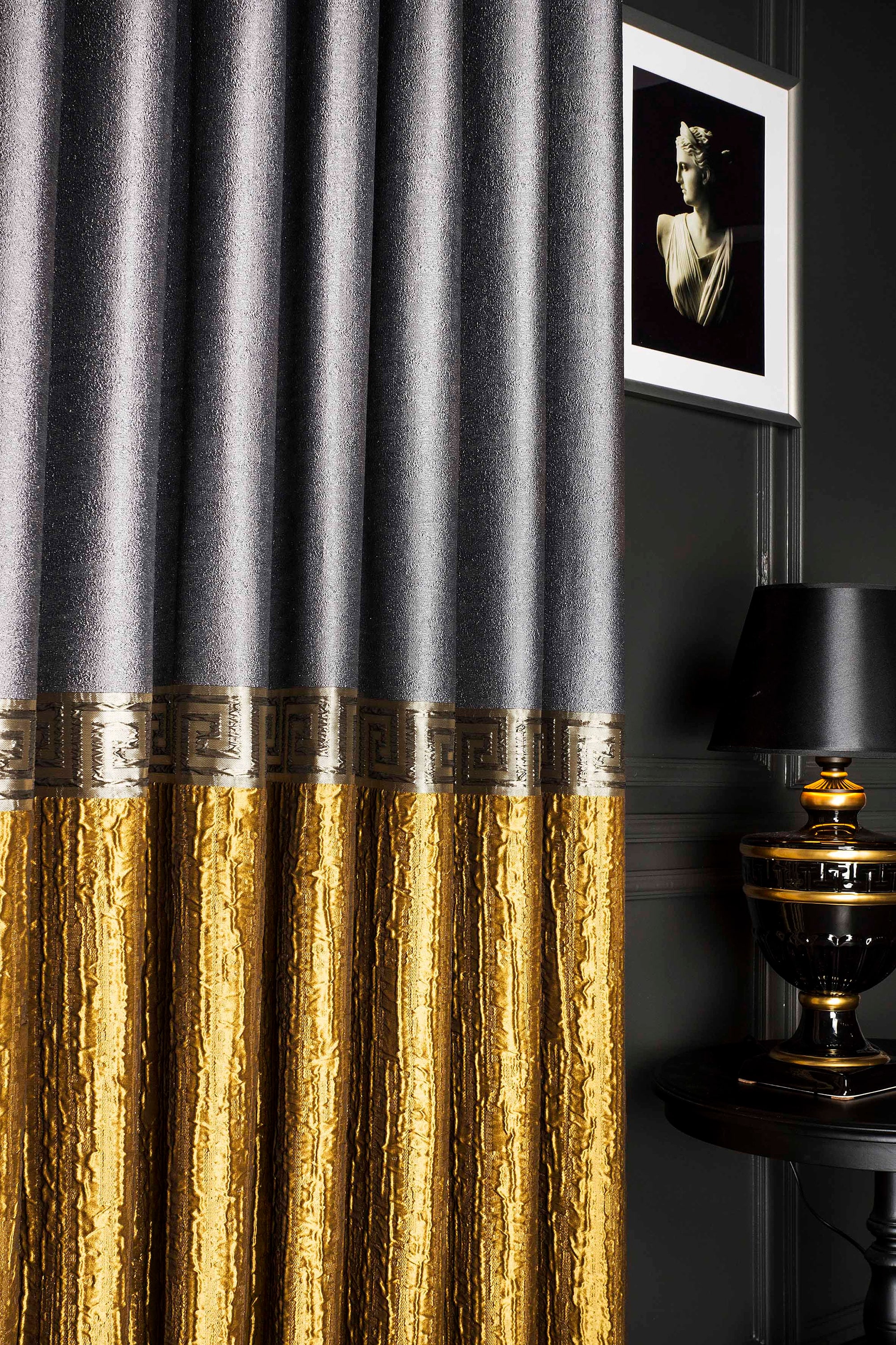 Luxury Gold & Gray Greek Key Curtain Panel: Embossed Custom Size Drape ...