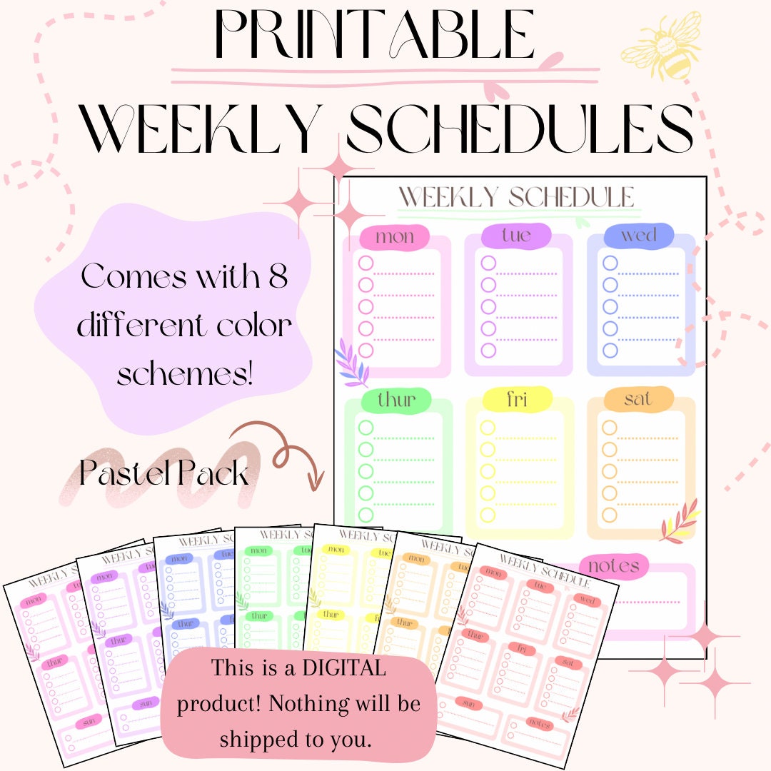 Printable Weekly Schedule | Pastel Rainbow Color Pack | 8 Color Designs ...