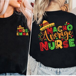 Camisa de enfermeira média fofa Fiesta Nacho, camisa de enfermeira com nome personalizado, camisa de enfermeira Cinco De Mayo, camisa de enfermeira Fiesta, camisa de enfermeira mexicana