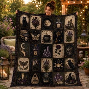 May include: A rectangular throw blanket featuring a grid of twenty-five square panels with illustrations of a black cat, a stack of books, a skull, a butterfly, a cauldron, a key, a hand with a moon, a potion bottle, crystals, a rose, a moth, a window, lavender, moon phases, a raven, a planchette, a teacup, and a witch hat.