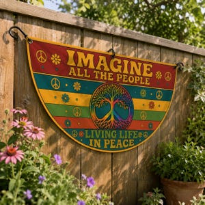 May include: A colorful, half-circle sign with the words "IMAGINE ALL THE PEOPLE" and "LIVING LIFE IN PEACE." The sign features a tree with a peace sign in the center, surrounded by flowers and peace symbols. It hangs on a wooden fence.
