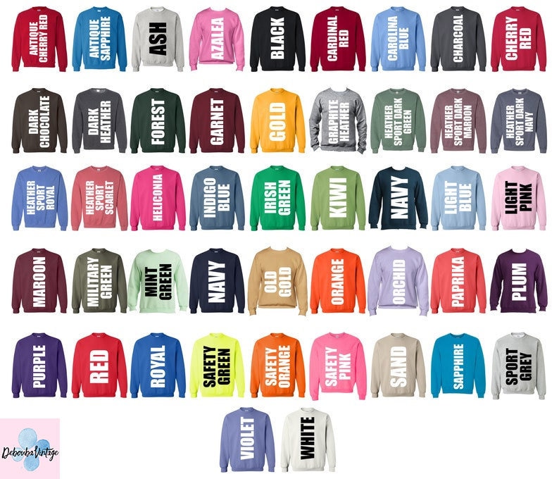 May include: A collection of crewneck sweatshirts in various colors, each with a contrasting white text design. Colors include red, blue, green, pink, and more. The sweatshirts are displayed in rows, showcasing a wide range of options.