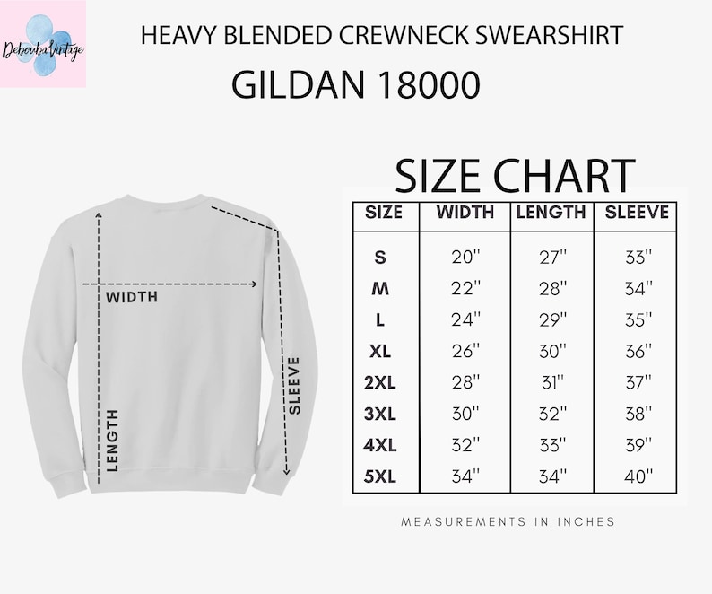 May include: White crewneck sweatshirt with a size chart. The chart displays measurements in inches for width, length, and sleeve length, ranging from size small to 5XL. The text "HEAVY BLENDED CREWNECK SWEARSHIRT" and "GILDAN 18000" are also visible.