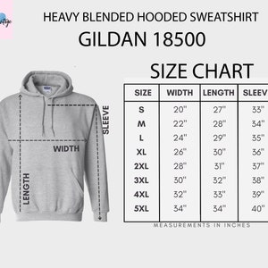 Puede incluir: Tabla de tallas para una sudadera con capucha de mezcla pesada Gildan 18500. La tabla muestra las medidas en pulgadas para el ancho, la longitud y la longitud de la manga para las tallas S a 5XL.
