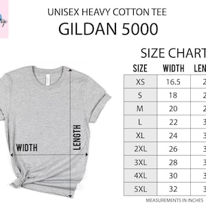 Puede incluir: Tabla de tallas para camisetas de algod&oacute;n pesado unisex Gildan 5000. La tabla muestra las medidas de ancho y largo en pulgadas para las tallas XS a 5XL.