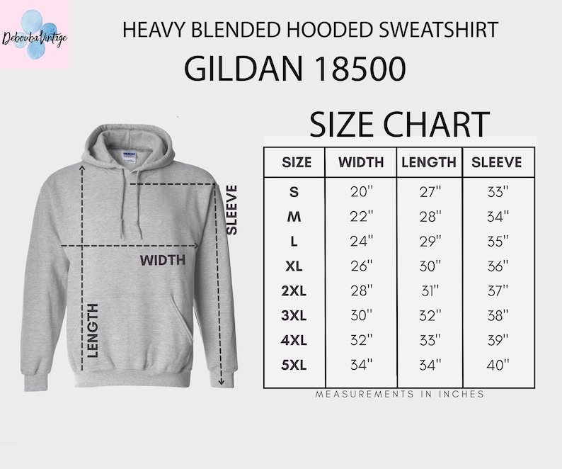 May include: A light gray Gildan 18500 heavy blended hooded sweatshirt with a size chart. The size chart shows measurements in inches for width, length, and sleeve for sizes S through 5XL. The sweatshirt has a hood and a front pocket.