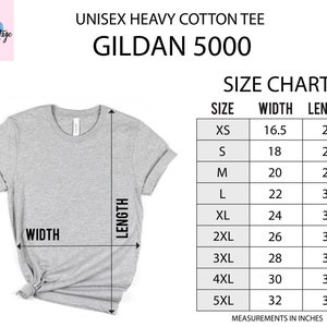 May include: A light gray unisex heavy cotton tee shirt, Gildan 5000, with a size chart showing measurements in inches. The shirt is displayed with width and length measurements. The size chart includes sizes XS to 5XL.