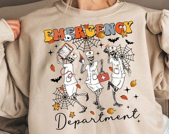 Halloween Skeleton Emergency Department Nurse Shirt, Team Night Shift Shirt, Nurse Fall Sweatshirt, Skeleton Shirt, ER Nurse Shirt