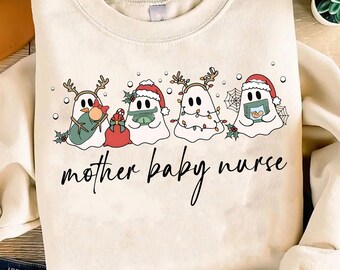 Bonita camiseta navideña de fantasma para madre, bebé y enfermera, suéter para madre y bebé, sudadera con capucha para enfermera posparto, camiseta de agradecimiento para enfermeras, regalo de Navidad