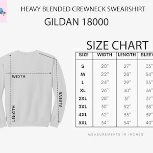 Puede incluir: Tabla de tallas para una sudadera de cuello redondo de mezcla pesada Gildan 18000. La tabla muestra las medidas en pulgadas para las tallas S a 5XL, incluyendo el ancho, la longitud y la longitud de la manga.