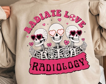 Camisa divertida de radiología con esqueleto irradia amor, camiseta RAD Tech A Work Of Heart, regalos de tecnología de rayos X, camisa de San Valentín de tecnólogo de rayos X del grupo