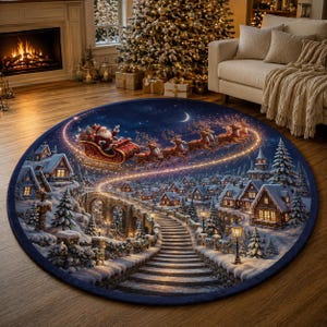 May include: A round area rug featuring a dark blue night sky with a crescent moon and a scene of Santa Claus in a red sleigh pulled by reindeer flying over a snow-covered village with stone stairs, glowing street lamps, and evergreen trees.
