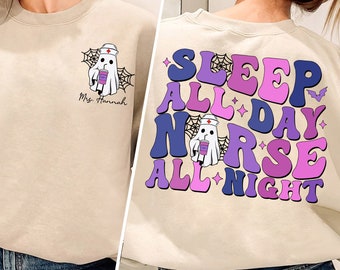 Camisa de enfermeira para dormir o dia todo, camisa de enfermeira de turno noturno, camisa de Halloween para enfermeira, turno noturno de equipe, camisa de enfermeira de nome personalizado