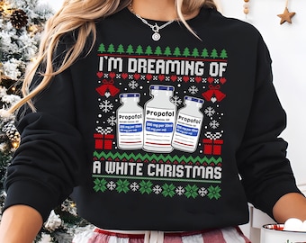 Camiseta «Sueño con una Navidad Blanca», Camiseta navideña con propofol, Camiseta navideña para enfermeras, Camiseta de cuello redondo para enfermeras, Camiseta para enfermeras de la UCI, Regalo para enfermeras
