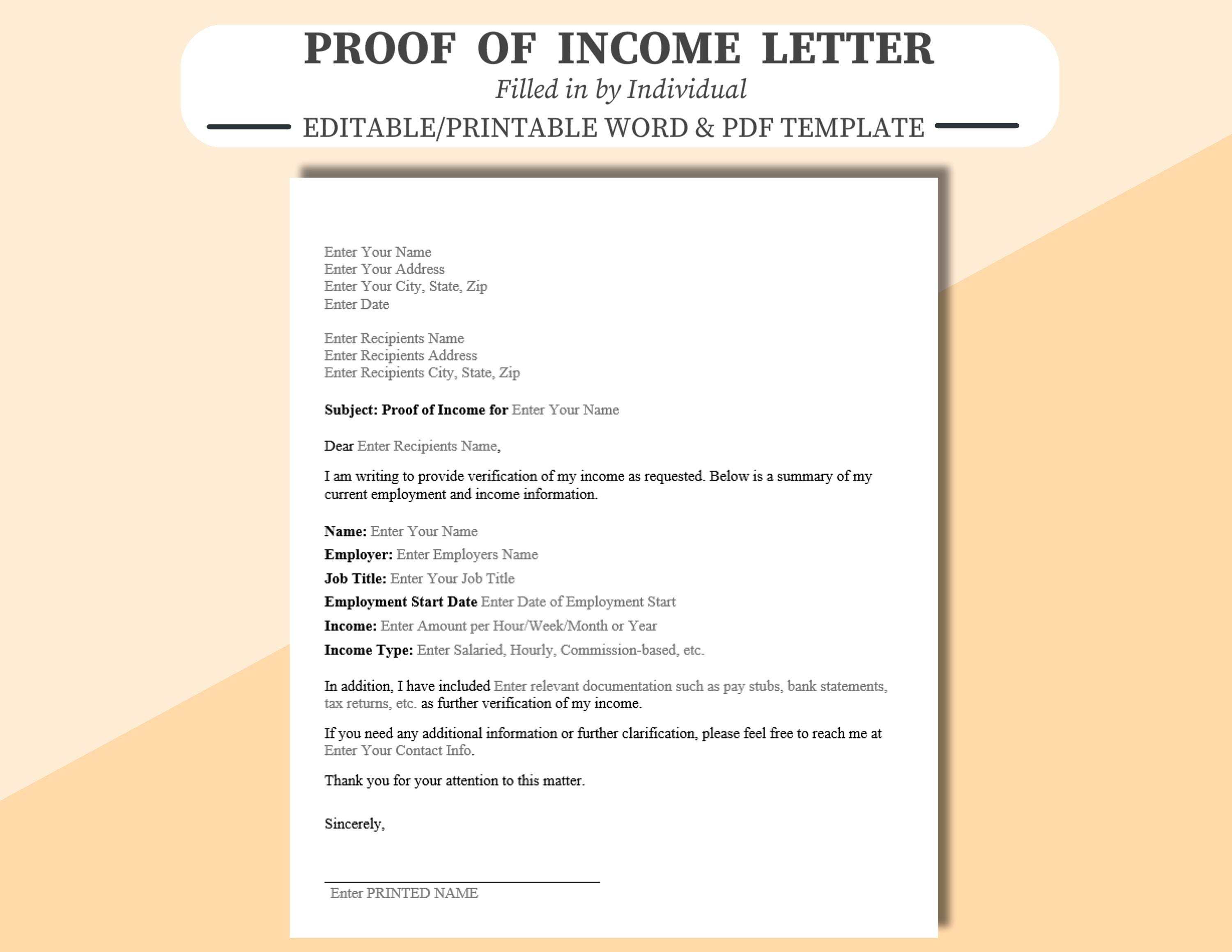 収入証明書 - 個人が記入 - Microsoft Word、Adobe Acrobat PDF、または Google Docs で編集可能。収入の確認。