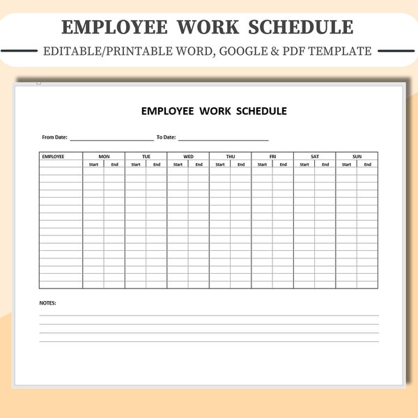 Employee Work Schedule Template. Edit/Fill in using Word, Google Docs or Adobe PDF or print & handwrite entries.