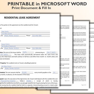Puede incluir: Un formulario de contrato de arrendamiento residencial imprimible en formato Microsoft Word. El formulario incluye secciones para la informaci&oacute;n del arrendador y del inquilino, la duraci&oacute;n del arrendamiento, la direcci&oacute;n de la propiedad arrendada, el calendario de pagos y el dep&oacute;sito de garant&iacute;a.