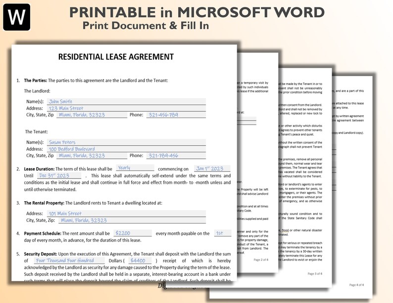 Rental Lease Agreement Printable or Editable in Word. Monthly or Yearly. Residential Lease