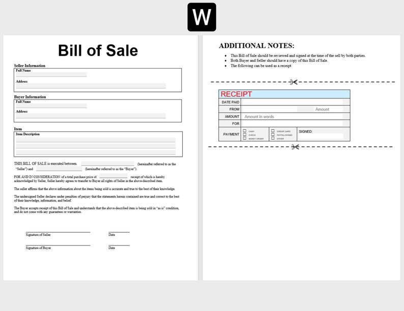 Bill of Sale - Editable/fillable in WORD & PDF. Bill of Sale Template ...