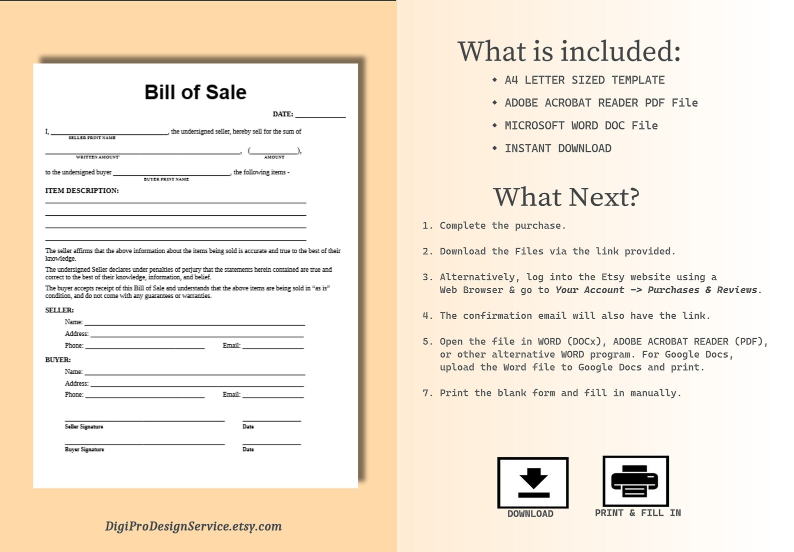 Bill of Sale Template/form, Print & Fill. Print in Word docx, Adobe PDF