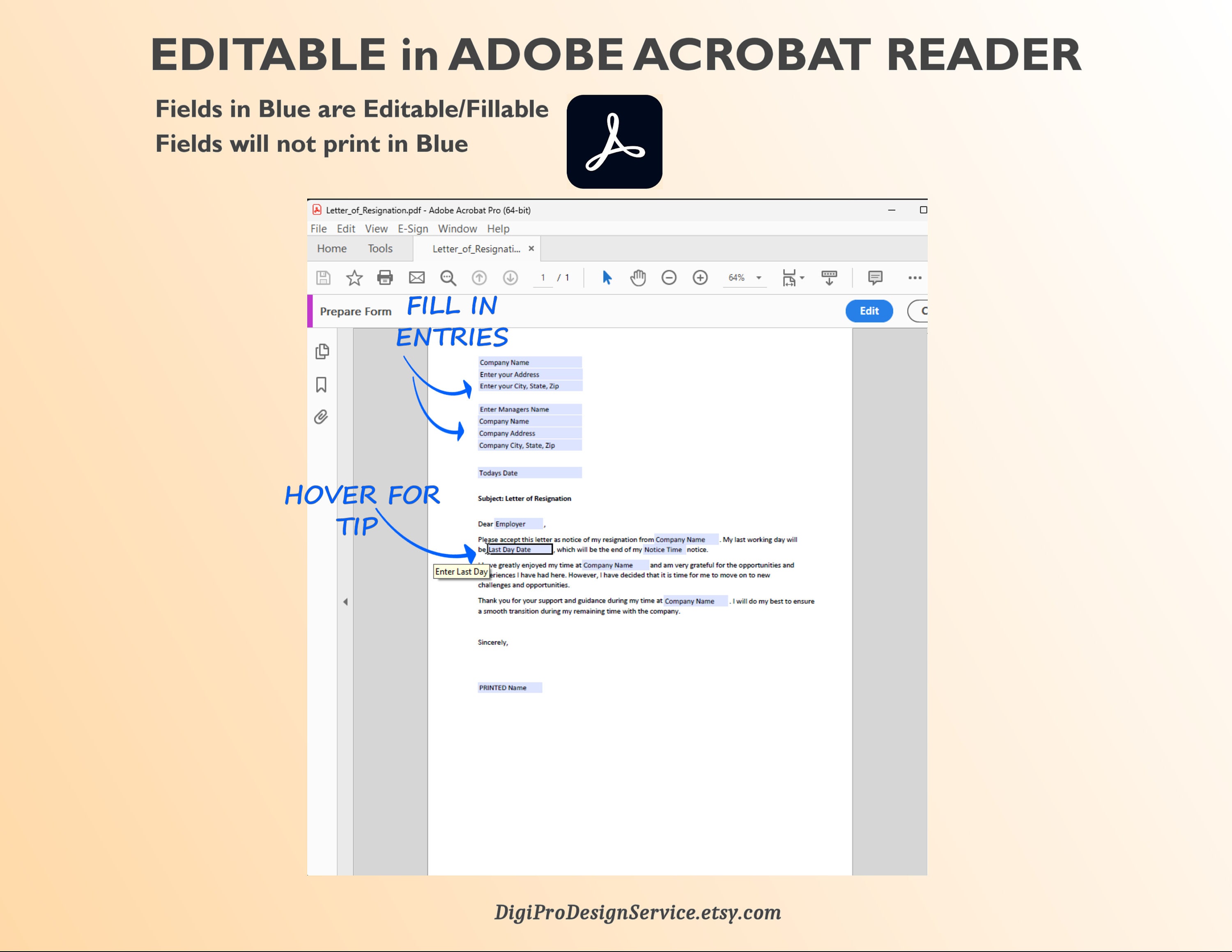 Letter of Resignation Editable in Microsoft Word, Adobe Acrobat PDF or ...