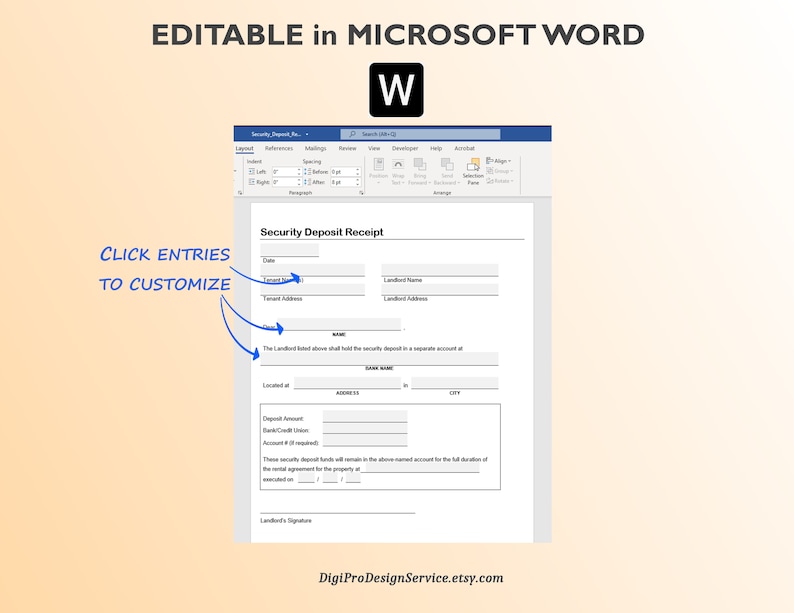 Editable Rent Security Deposit Receipt (WORD & PDF) - Etsy
