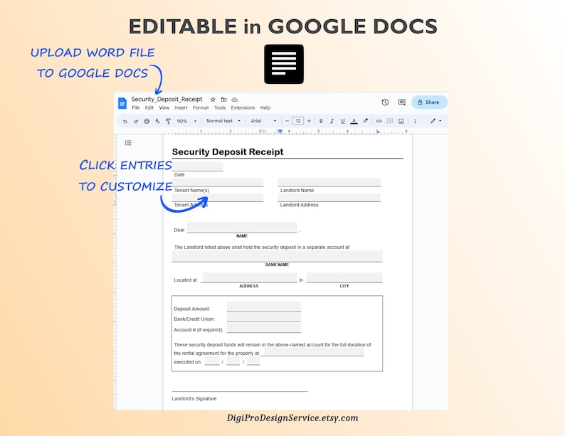 Rent Security Deposit Receipt, Editable/fillable in WORD & PDF, Rental