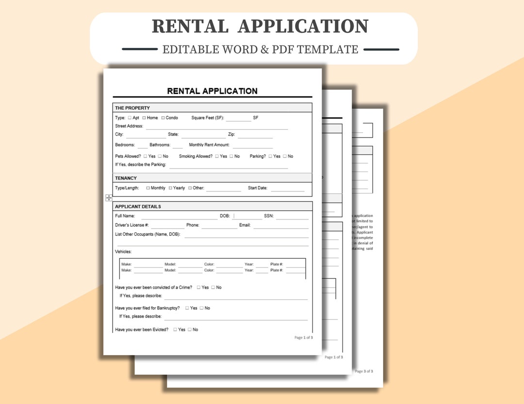 Rental Application - Editable/printable Word &amp; PDF Document. Digitally ...