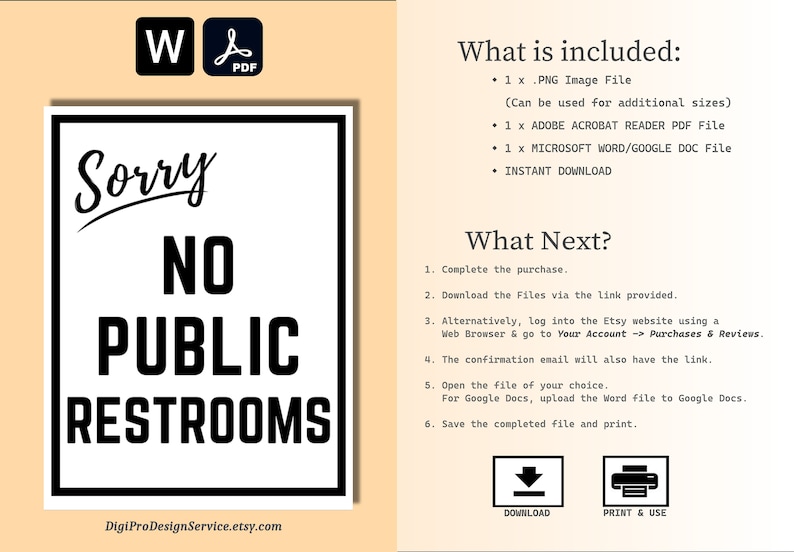 Sorry No Public Restrooms Sign. Printable Word and PDF File, Plus PNG ...