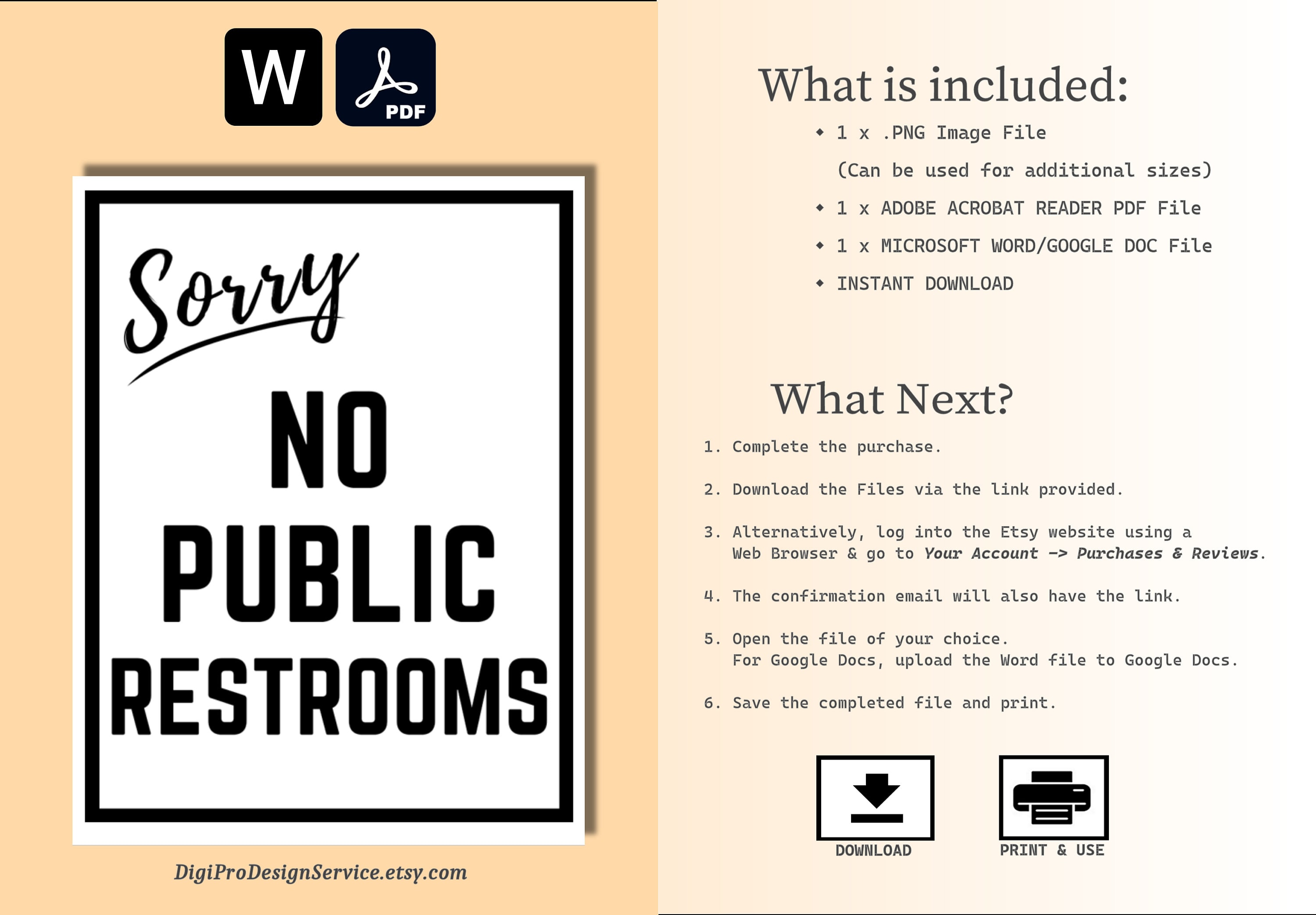 Sorry No Public Restrooms Sign. Printable Word and PDF File, Plus PNG ...