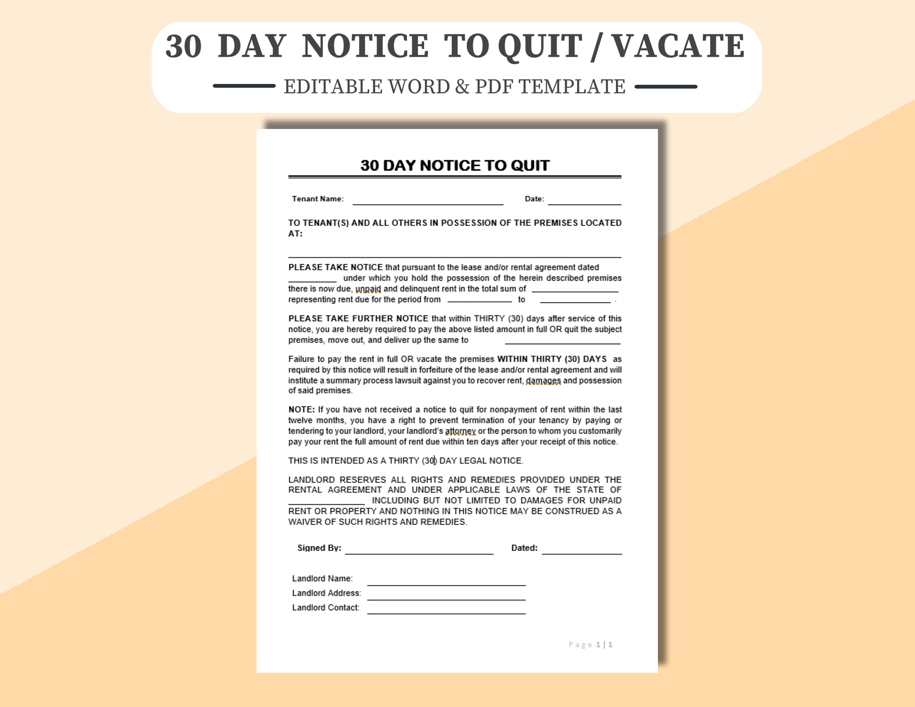 30 Day Notice To Quit Vacate Editable Printable In WORD Adobe PDF Digitally Edit Or Print 30 Day Notice To Quit Vacate Editable Printable In WORD Adobe PDF Digitally Edit Or Print