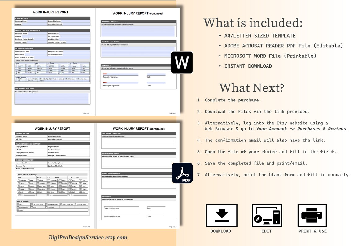 Work Injury Report Form - Printable in WORD, Editable in PDF (even on ...