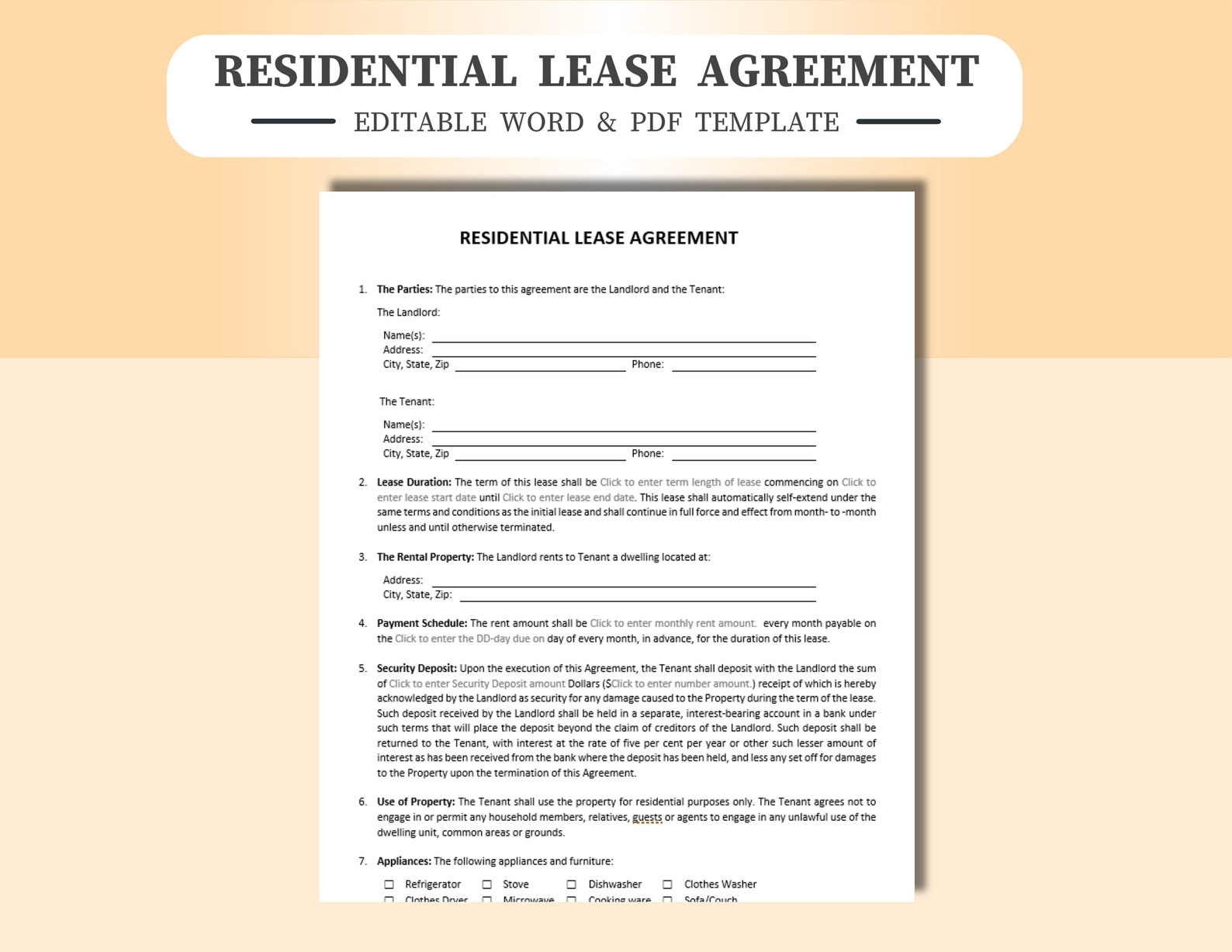 Residential Rental Lease Agreement: Editable Word & PDF Template - Etsy
