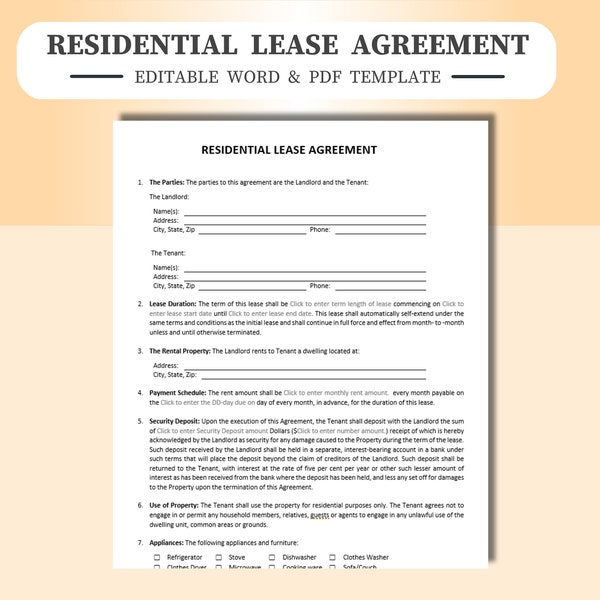 Residential Rental Lease Agreement - Editable/Fillable in WORD & PDF. Lease Agreement, monthly, yearly, Rental Lease Agreement, Lease,