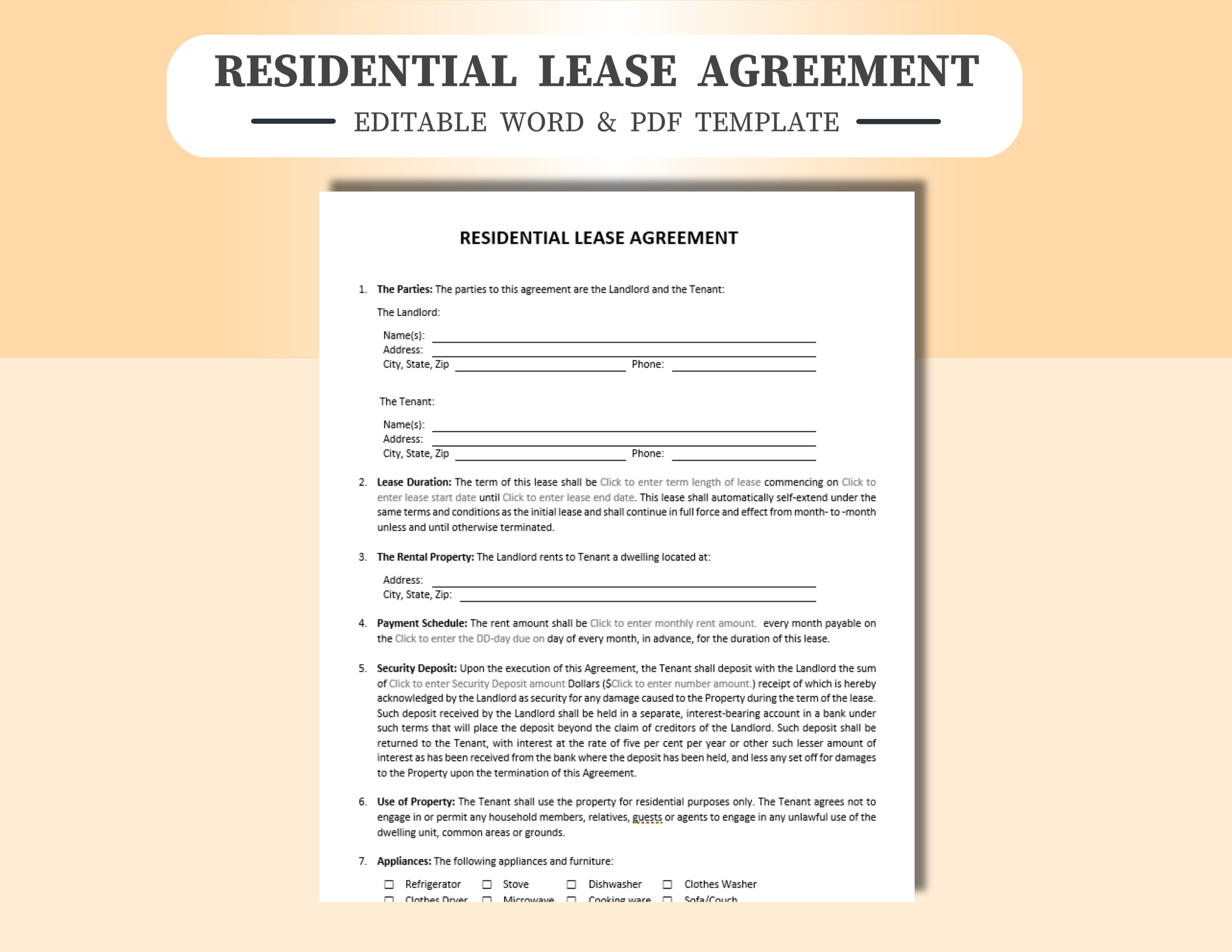 Residential Rental Lease Agreement Editable/fillable in WORD & PDF