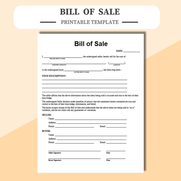 Bill of Sale Template/Form, print & fill. Print in Word (DOCx), Adobe (PDF). Printable Bill of Sale, Google Docs, PDF, WORD, Office , Global