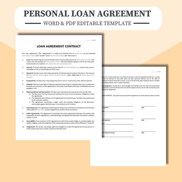 Personal Loan Agreement, Personal Loan Template, Loan Agreement, Loan Template, Editable Loan Agreement, Fillable Loan Agreement