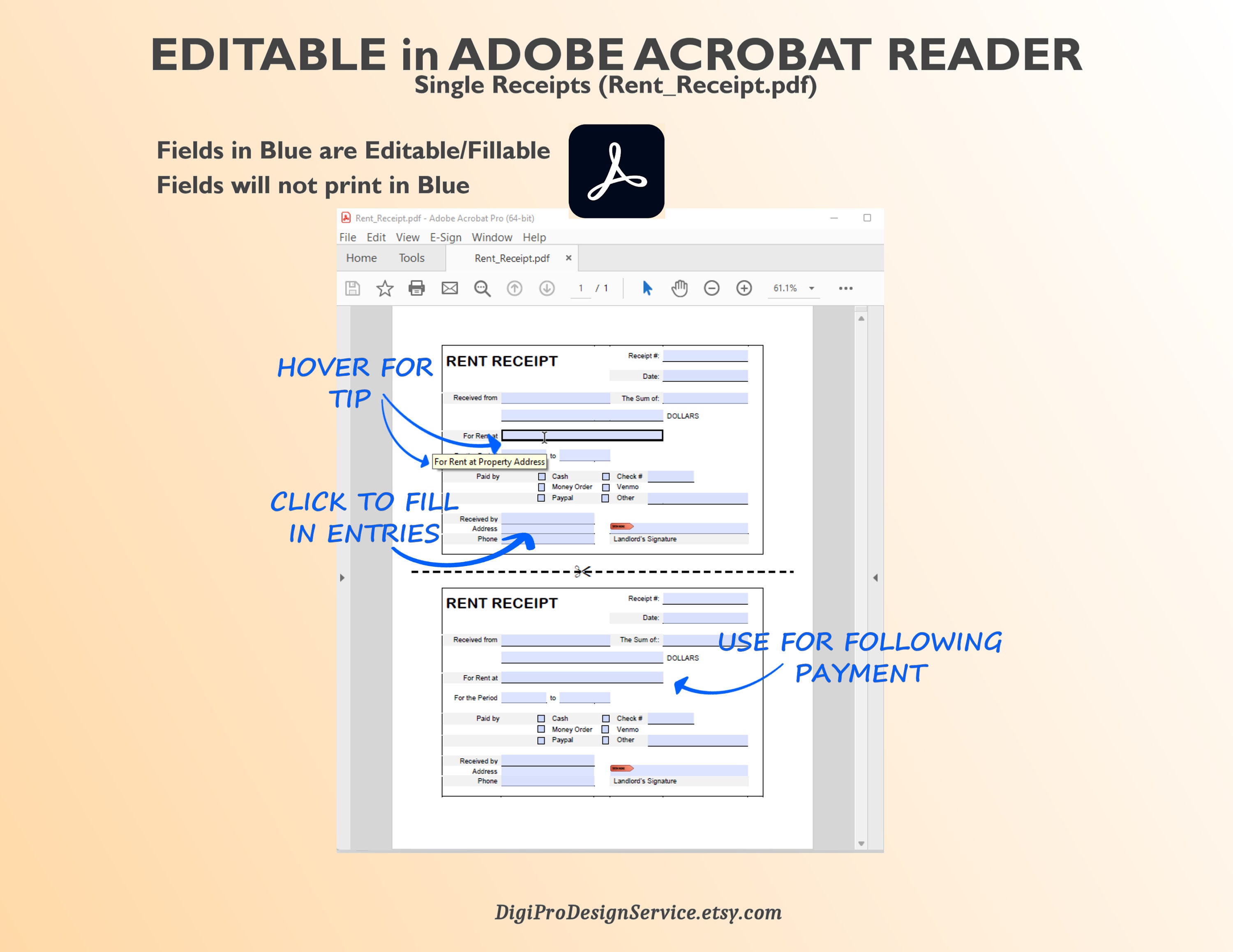 Landlord Rent Receipt, Receipt for Rent, Tenant Receipt, Monthly