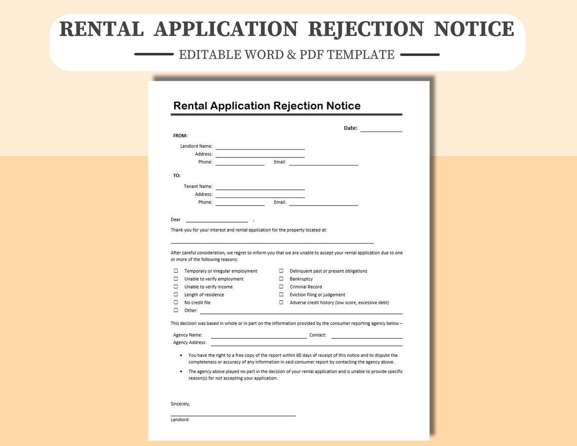 Rental Application Rejection Notice Edit in Word or PDF. Editable or