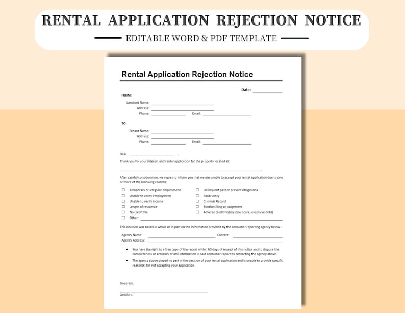 Rental Application Rejection Notice Edit in Word or PDF. Editable or