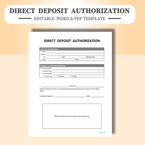 Op de afbeelding: Een zwart-wit direct deposit autorisatieformulier met de titel "Direct Deposit Authorisatie" en de tekst "Bewerkbaar Word & PDF-sjabloon". Het formulier bevat secties voor werknemersinformatie en financiële rekeninginformatie. Er is ruimte voor de handtekening en datum van de werknemer.