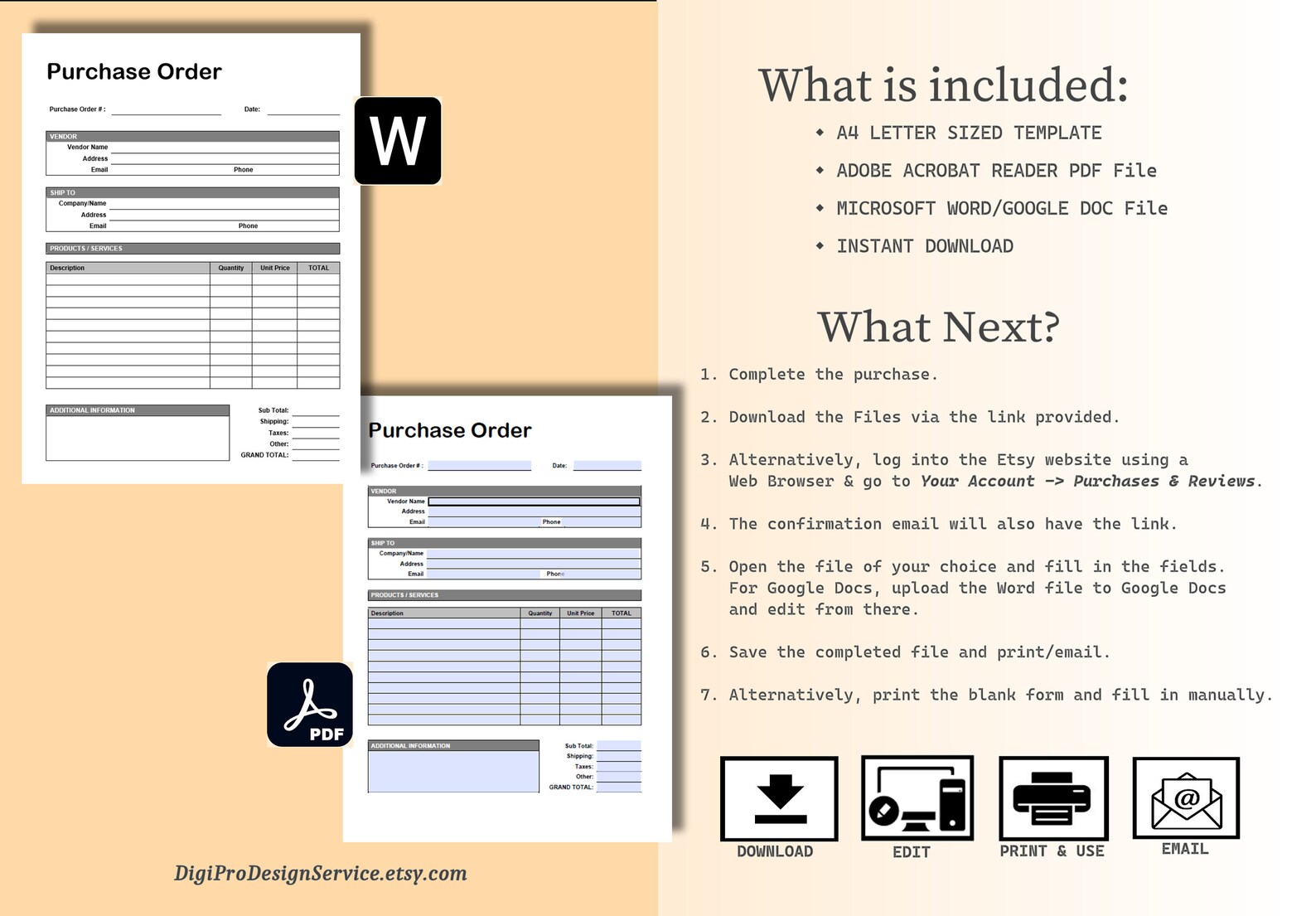 Purchase Order Form - Editable / Fillable WORD & PDF, PO Form, Purchase ...
