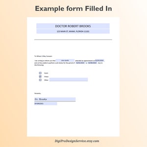 May include: A form titled "Example form Filled In" with the name "Doctor Robert Brooks" and address "123 Main St, Miami, Florida 11101". The form is filled out with the name "John Smith" and dates "01/01/2004", "02/01/2004", and "02/08/2004". The form has checkboxes for "Injury", "Illness", and "Other".
